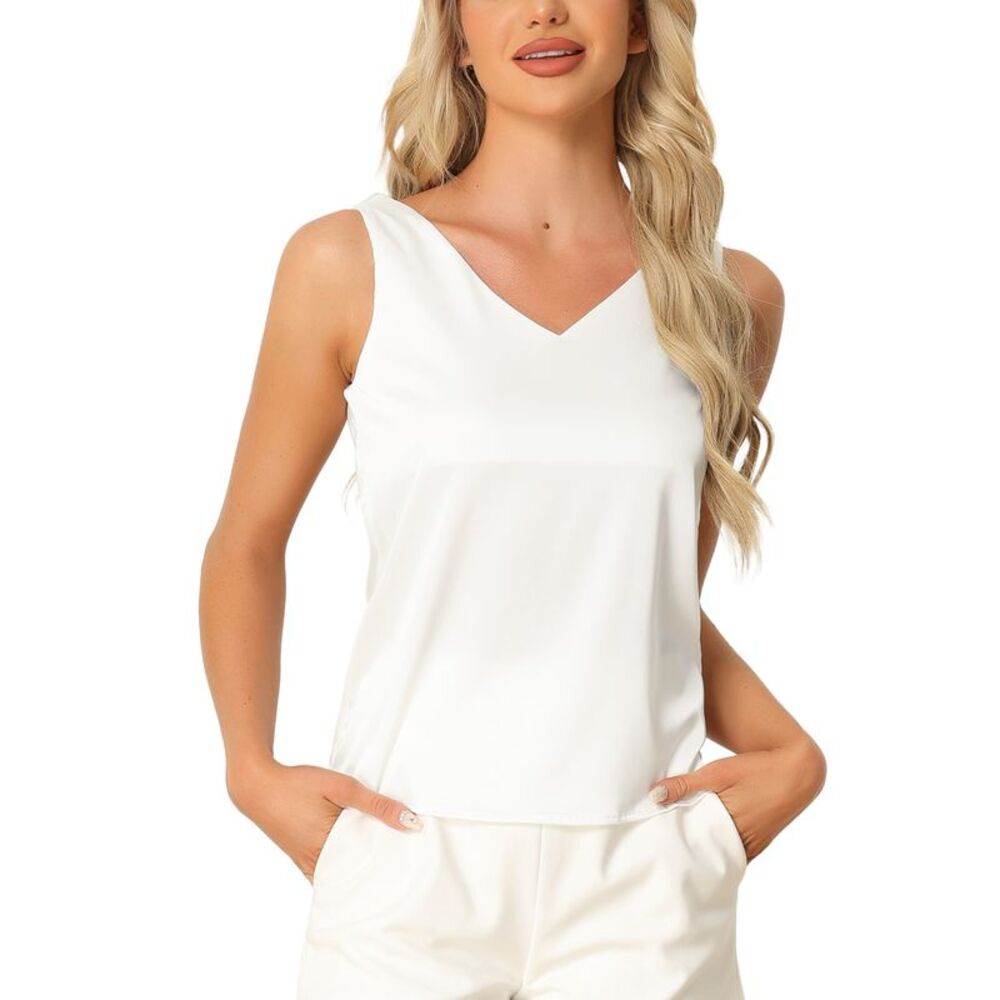 Women Satin Tank Top Silky Casual Basic V Neck Sleeveless Blouse White